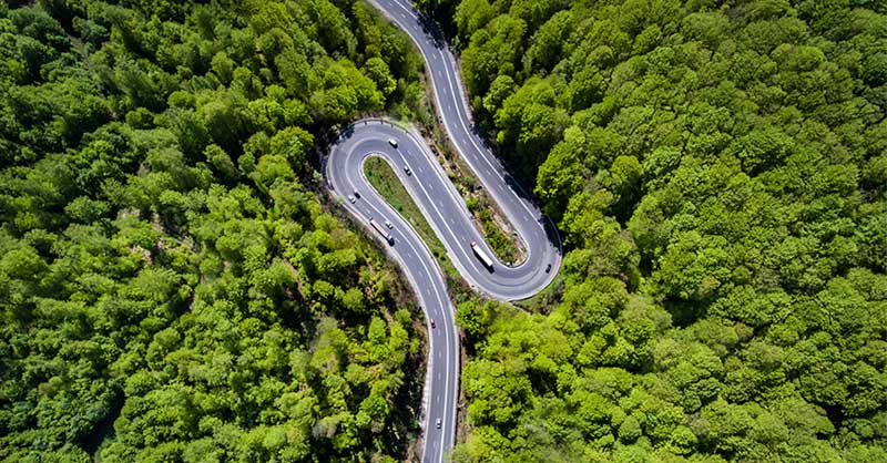 Bird's eye view of a winding road in the woods
