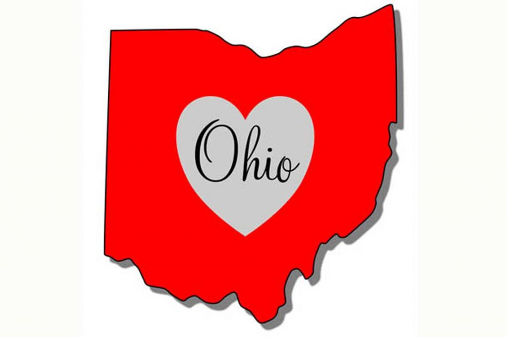 red illustration of Ohio with a gray heart
